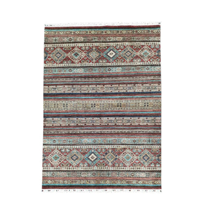 Full view of Afghan Khurjeen hand-knotted wool rug 247 x 170 cm with striped field