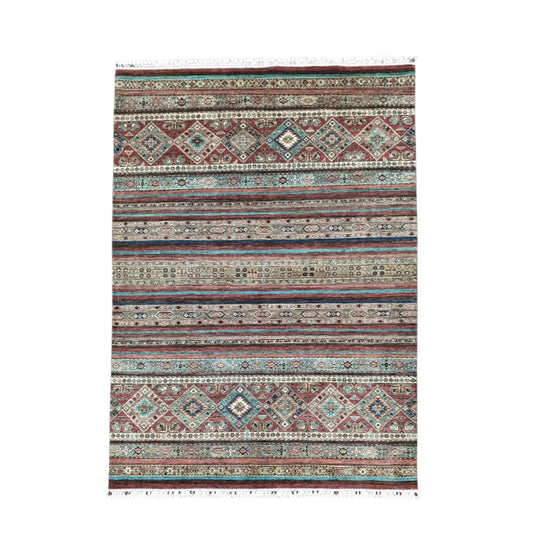 Full view of Afghan Khurjeen hand-knotted wool rug 247 x 170 cm with striped field