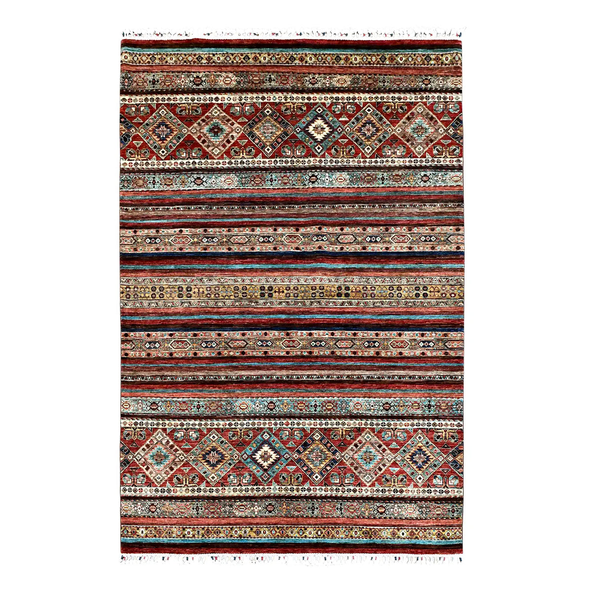 Full view of Afghan Khurjeen hand-knotted wool rug with layered multicolour stripes and diamond bands, 247 x 170 cm