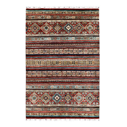 Full view of Afghan Khurjeen hand-knotted wool rug with layered multicolour stripes and diamond bands, 247 x 170 cm