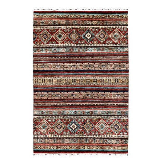 Full view of Afghan Khurjeen hand-knotted wool rug with layered multicolour stripes and diamond bands, 247 x 170 cm