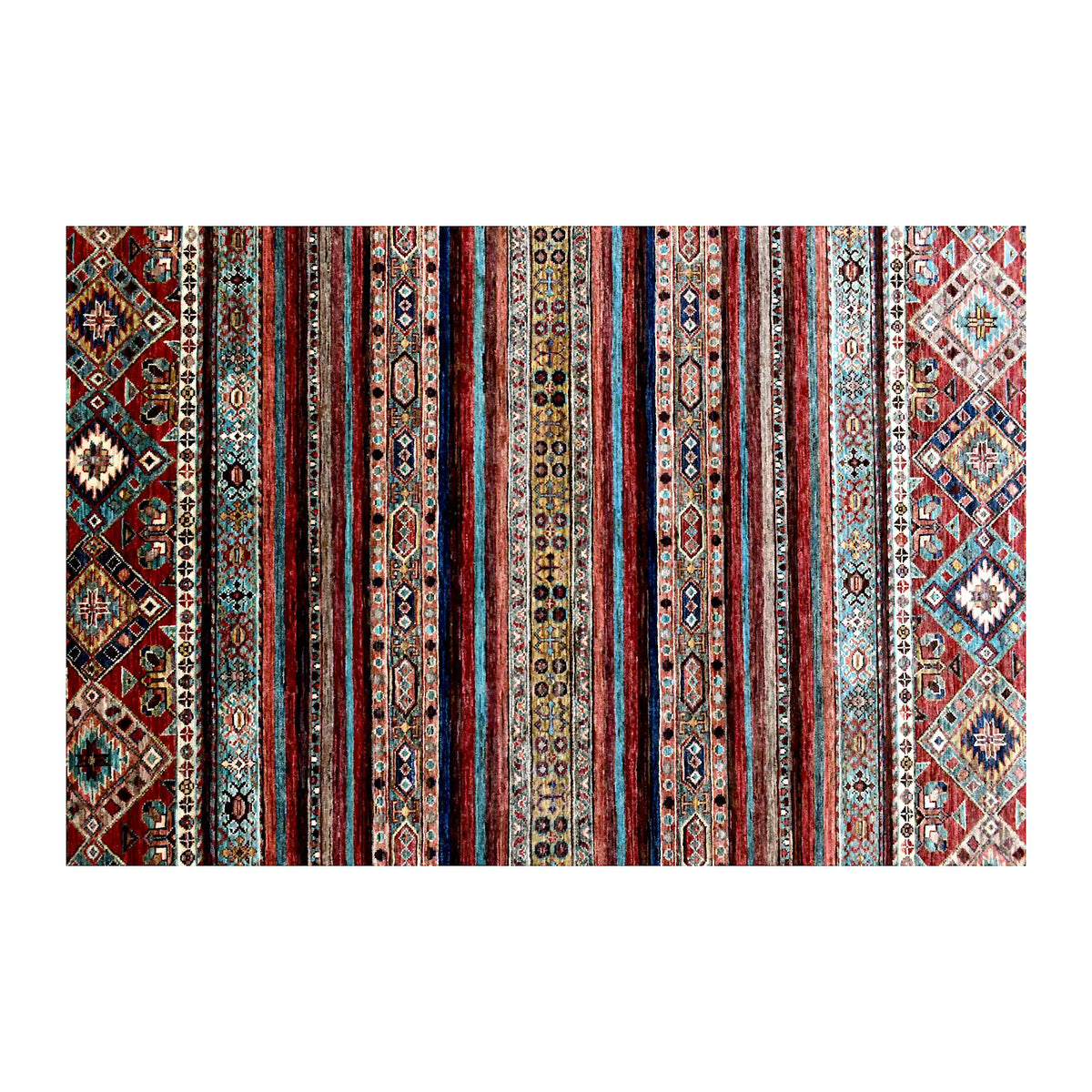 Field detail of Afghan Khurjeen rug showing narrow horizontal bands with intricate floral-geometric motifs