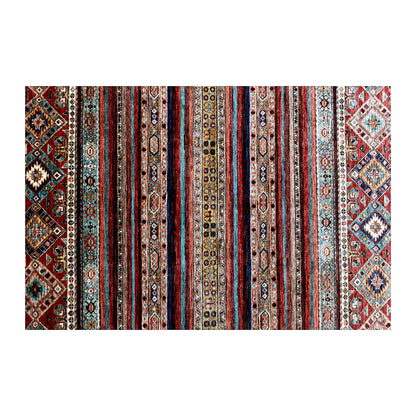 Field detail of Afghan Khurjeen rug showing narrow horizontal bands with intricate floral-geometric motifs
