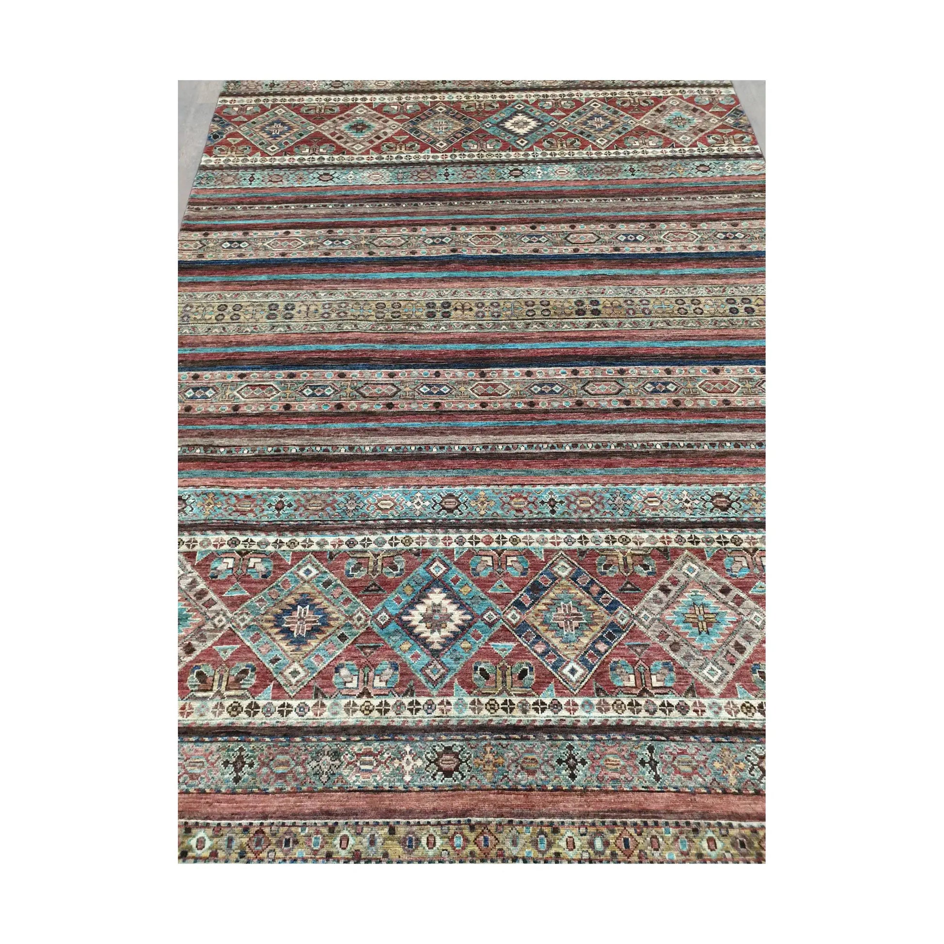 Striped field detail of Afghan Khurjeen hand-knotted rug with multi-colour pattern