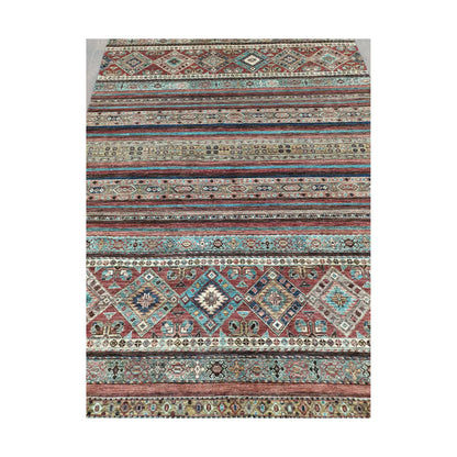 Striped field detail of Afghan Khurjeen hand-knotted rug with multi-colour pattern