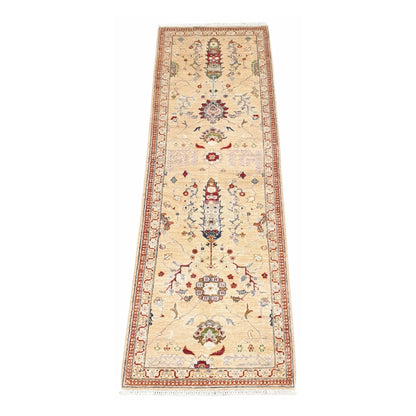 Full view of Afghan Khurjeen hand-knotted wool runner rug with ivory-beige field and multicolour floral motifs, 254 x 77 cm