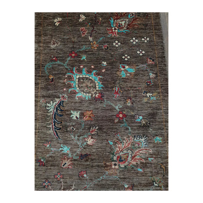 Botanical motif detail on Afghan Khurjeen hand-knotted wool runner rug