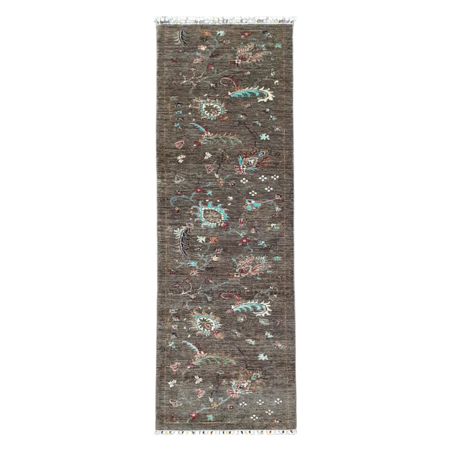 Full view of Afghan Khurjeen hand-knotted wool runner rug 299 x 80 cm with multi-colour motifs
