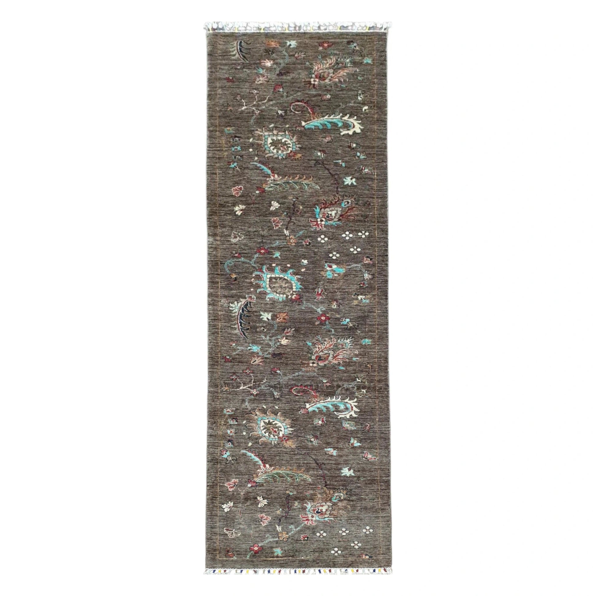 Full view of Afghan Khurjeen hand-knotted wool runner rug 299 x 80 cm with multi-colour motifs