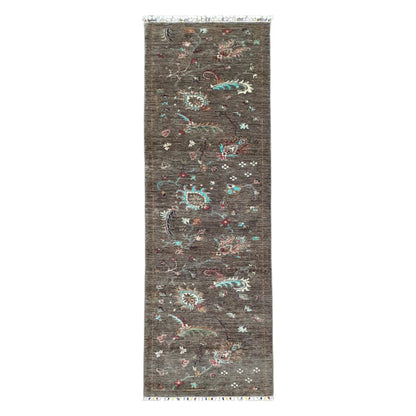Full view of Afghan Khurjeen hand-knotted wool runner rug 299 x 80 cm with multi-colour motifs