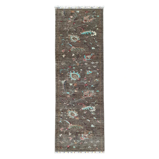 Full view of Afghan Khurjeen hand-knotted wool runner rug 299 x 80 cm with multi-colour motifs