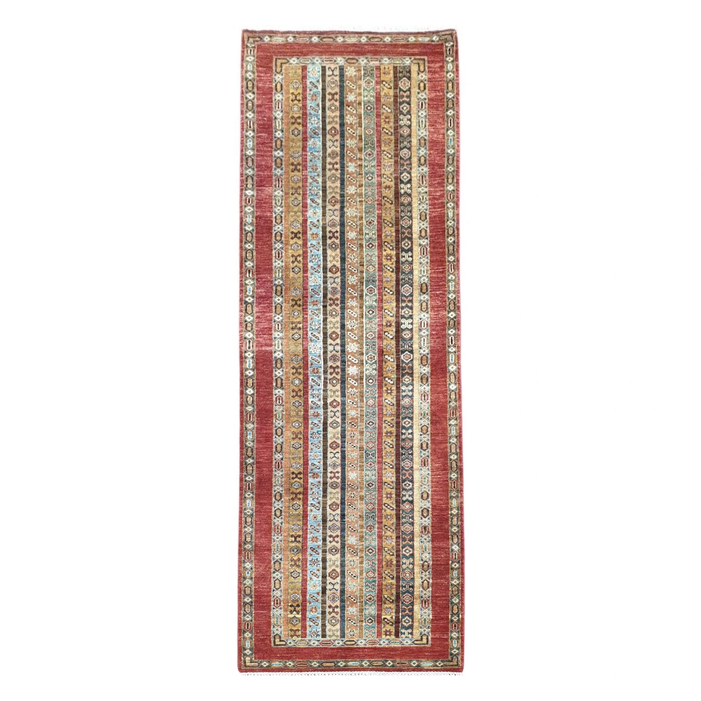 Full view of Afghan Khurjeen hand-knotted wool runner rug 305 x 90 cm with striped field