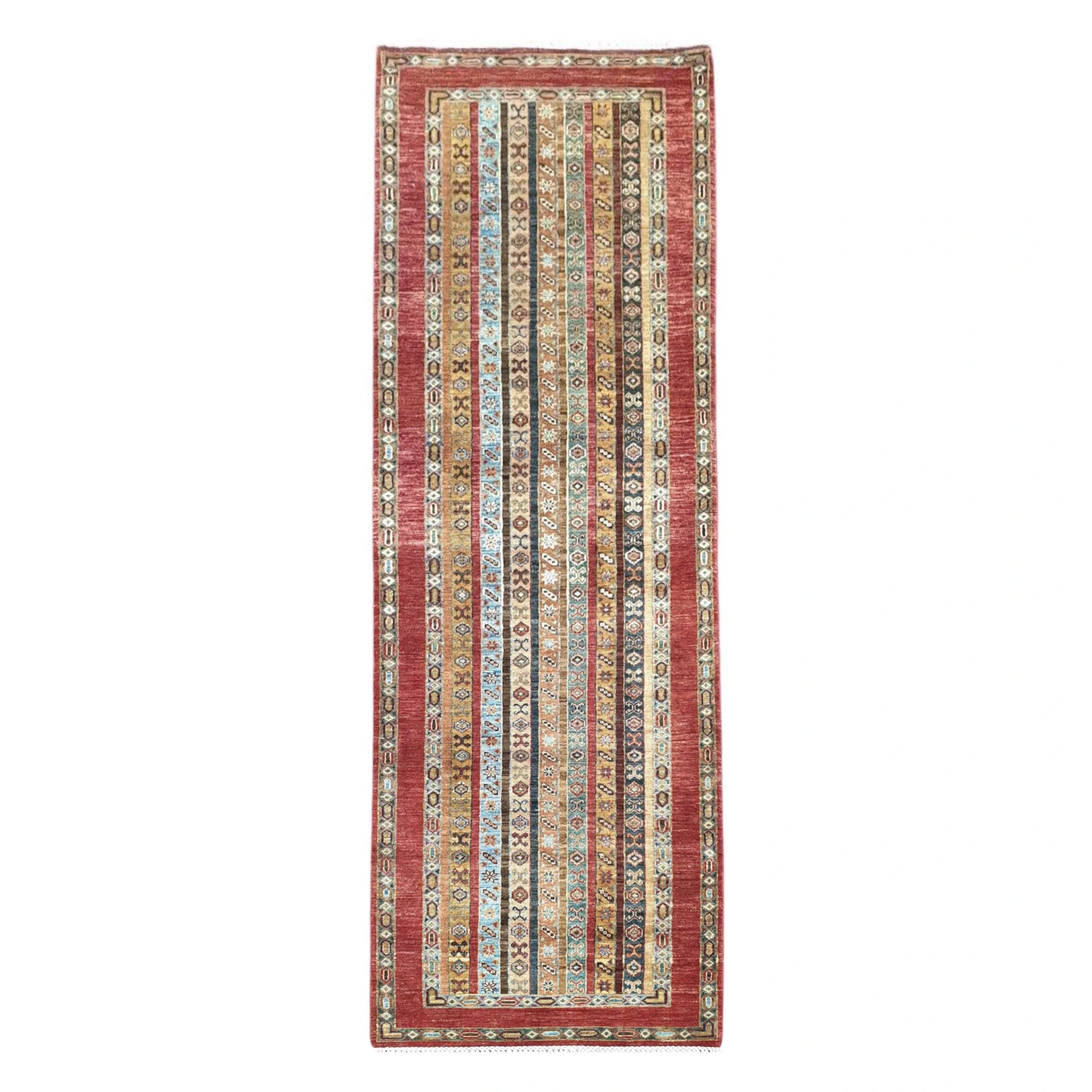Full view of Afghan Khurjeen hand-knotted wool runner rug 305 x 90 cm with striped field