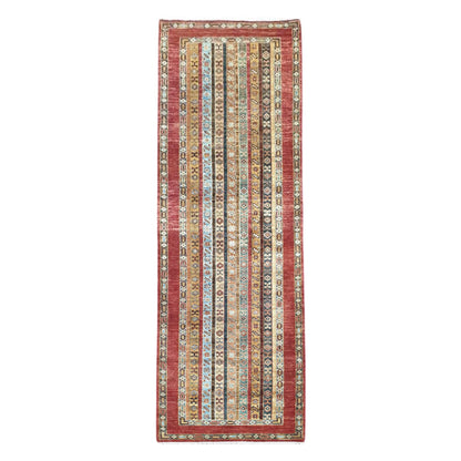Full view of Afghan Khurjeen hand-knotted wool runner rug 305 x 90 cm with striped field
