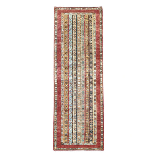 Full view of Afghan Khurjeen hand-knotted wool runner rug 305 x 90 cm with striped field