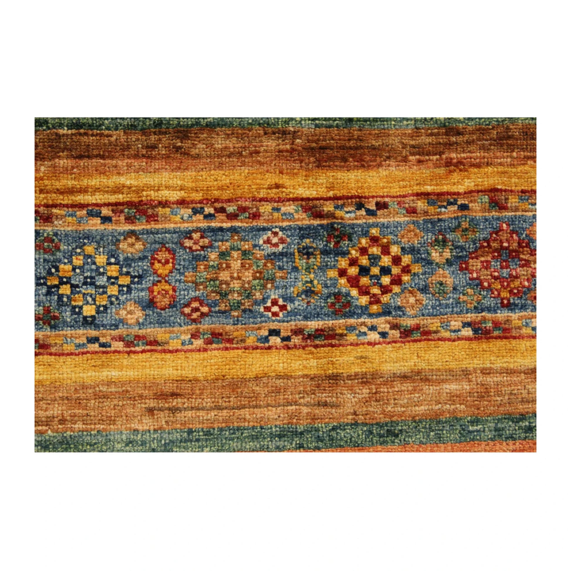 Close-up of Afghan Khurjeen wool rug showing a blue band with multicolour geometric diamond motifs