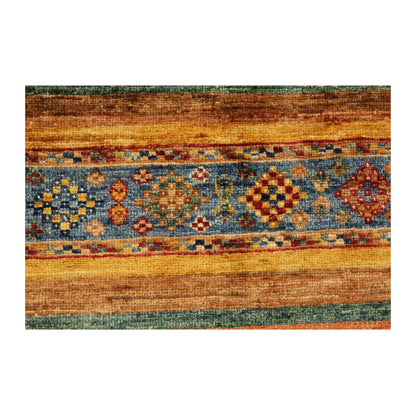 Close-up of Afghan Khurjeen wool rug showing a blue band with multicolour geometric diamond motifs