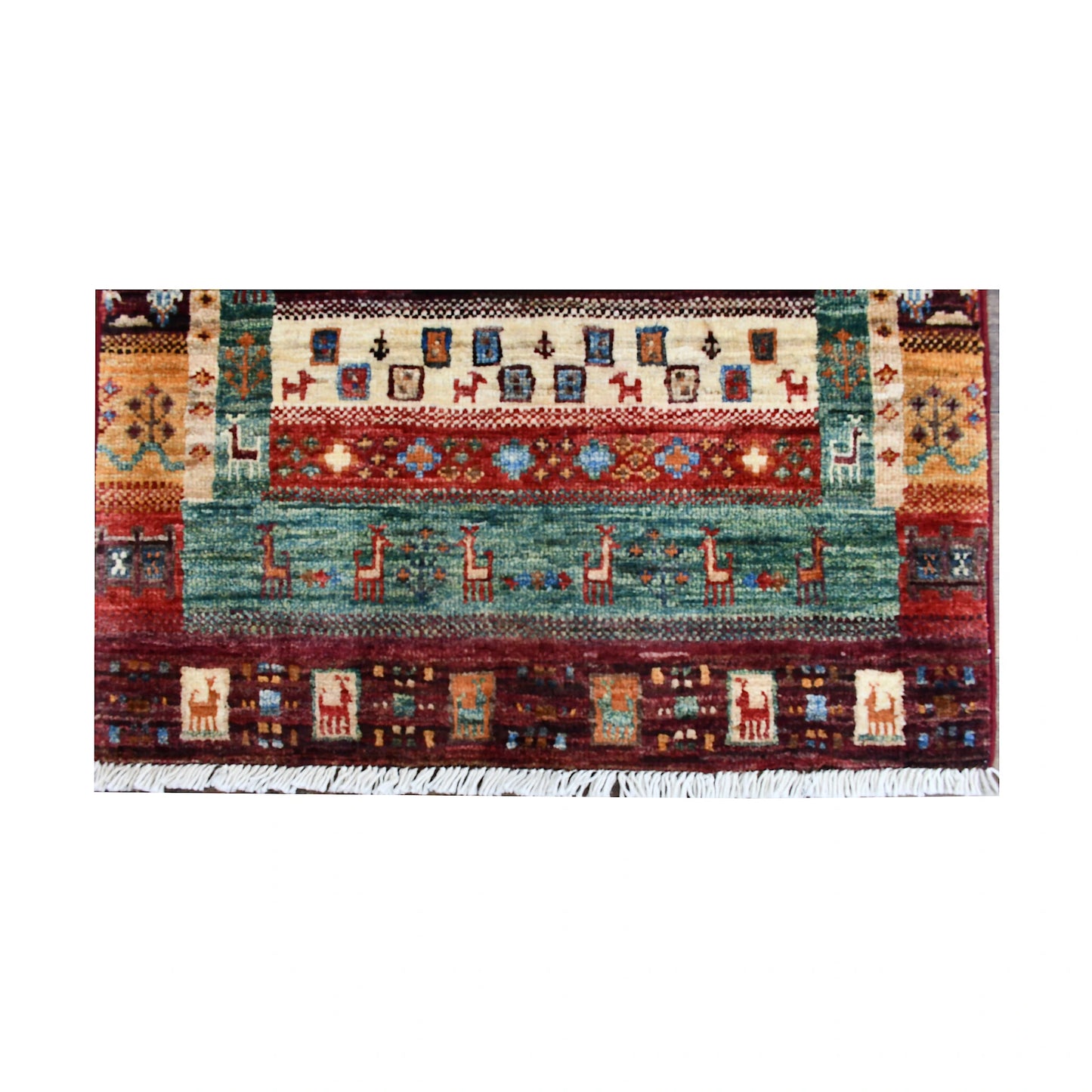 End panel and fringe detail of Afghan Khurjeen rug with teal field, burgundy border and ivory geometric motifs