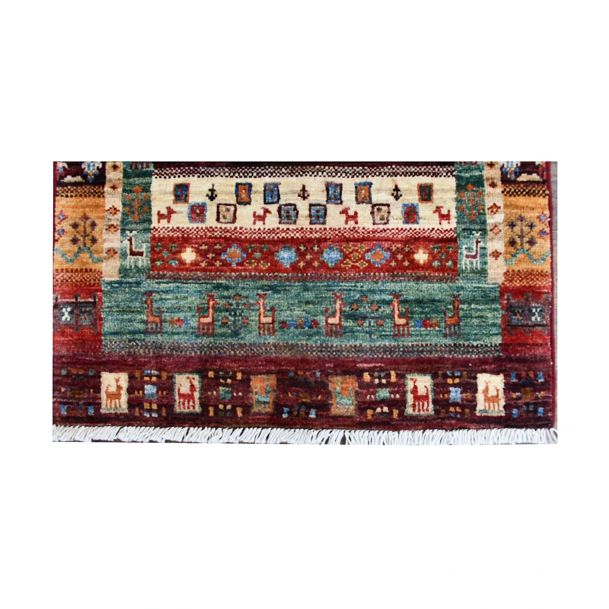 End panel and fringe detail of Afghan Khurjeen rug with teal field, burgundy border and ivory geometric motifs
