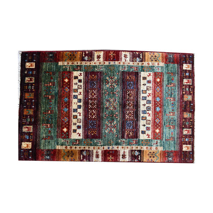 Pattern view of Afghan Khurjeen rug with teal, burgundy, ivory and rust geometric panel layout