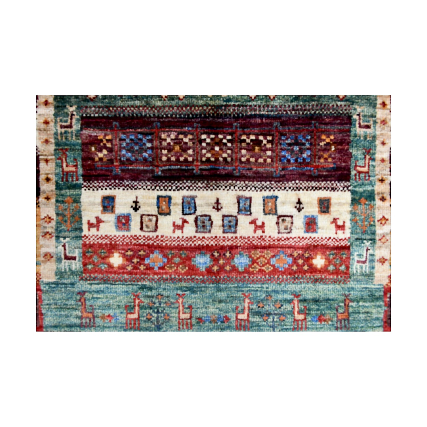 Side panel and border detail of Afghan Khurjeen rug showing teal ground, ivory band and burgundy patterned edge