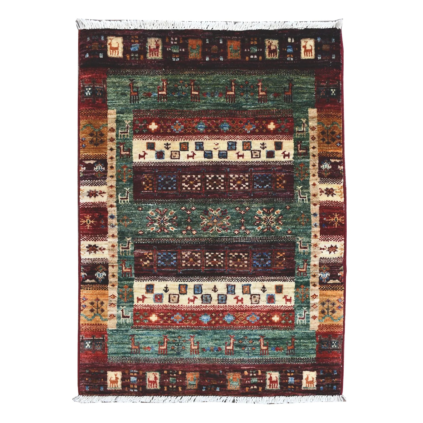 Afghan Khurjeen rug 96 x 62 cm full view with teal field, burgundy border and panelled geometric design