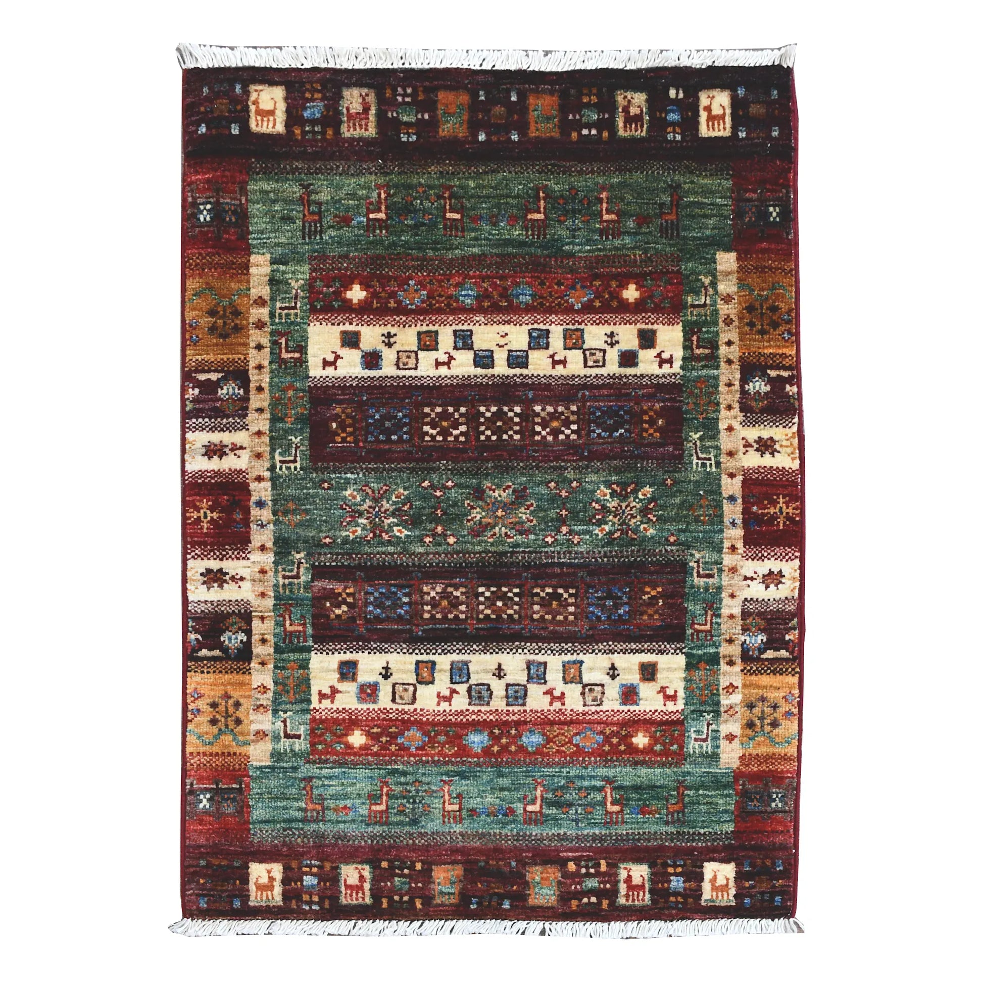 Afghan Khurjeen rug 96 x 62 cm full view with teal field, burgundy border and panelled geometric design