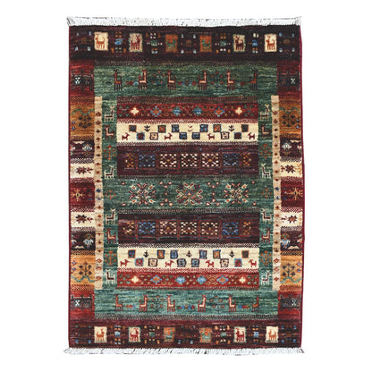 Afghan Khurjeen rug 96 x 62 cm full view with teal field, burgundy border and panelled geometric design