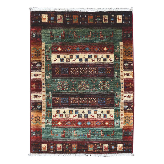 Afghan Khurjeen rug 96 x 62 cm full view with teal field, burgundy border and panelled geometric design