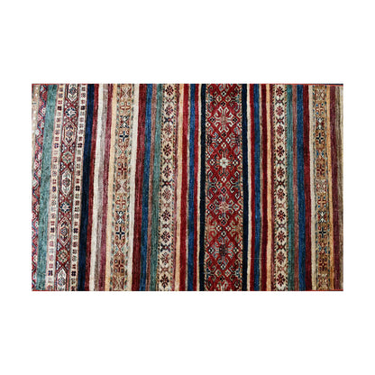 Striped field detail of Afghan Khurjeen runner rug with olive, rust, teal, ivory and camel geometric bands