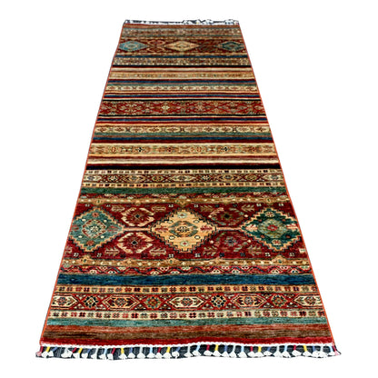 Afghan Khurjeen runner rug 285 x 89 cm full view with rust-red border and striped tribal panel design