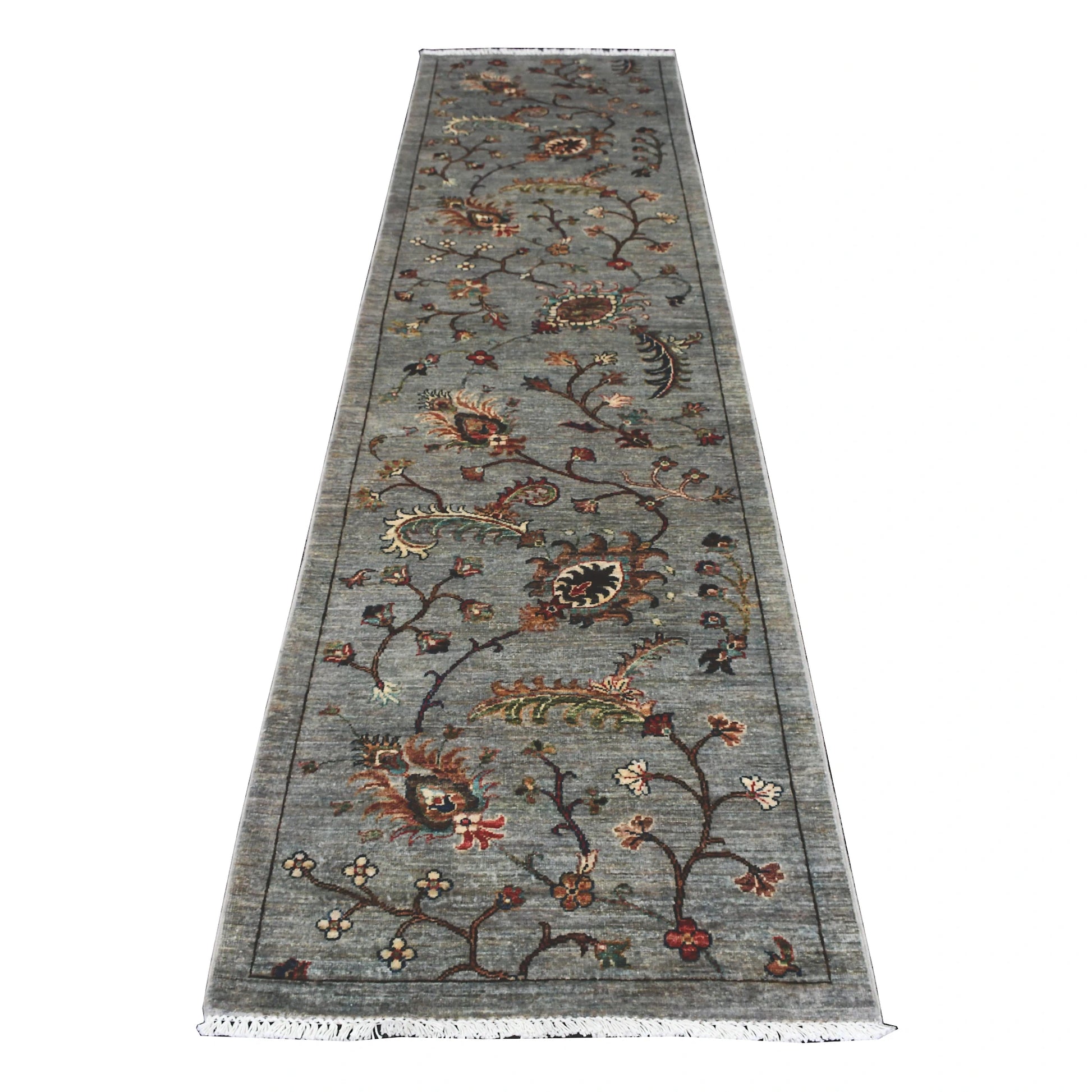 Afghan Khurjeen runner rug 305 x 83 cm full view with grey field and floral vine pattern