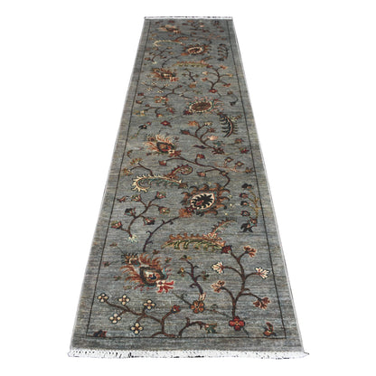 Afghan Khurjeen runner rug 305 x 83 cm full view with grey field and floral vine pattern