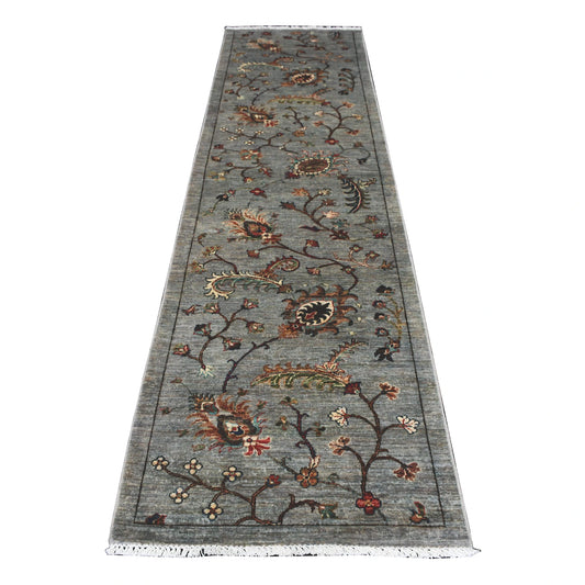 Afghan Khurjeen runner rug 305 x 83 cm full view with grey field and floral vine pattern