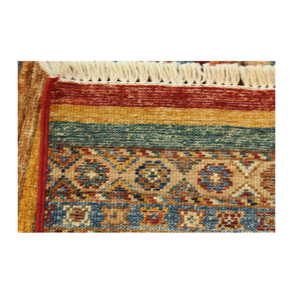 End-border and fringe detail of Afghan Khurjeen wool rug with geometric motifs, 121 x 90 cm