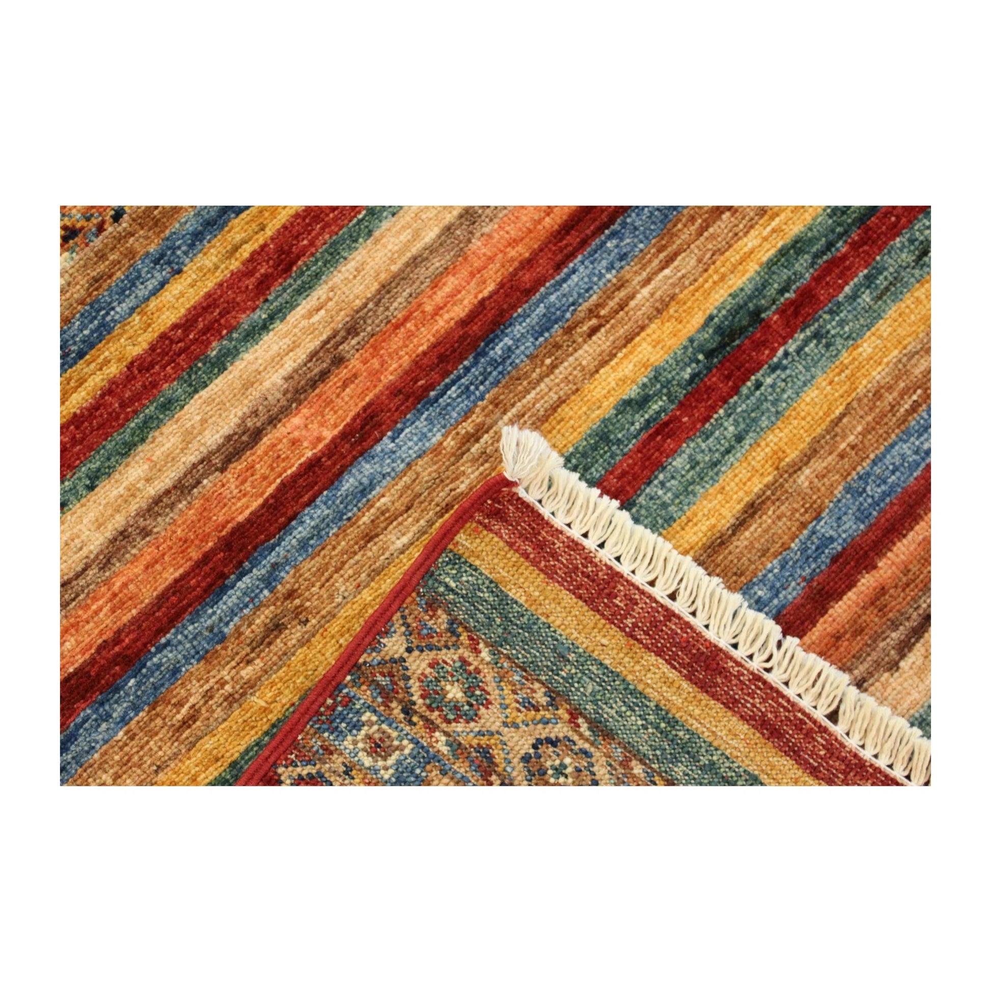 Folded corner detail of Afghan Khurjeen wool rug showing stripes and fringe, 121 x 90 cm