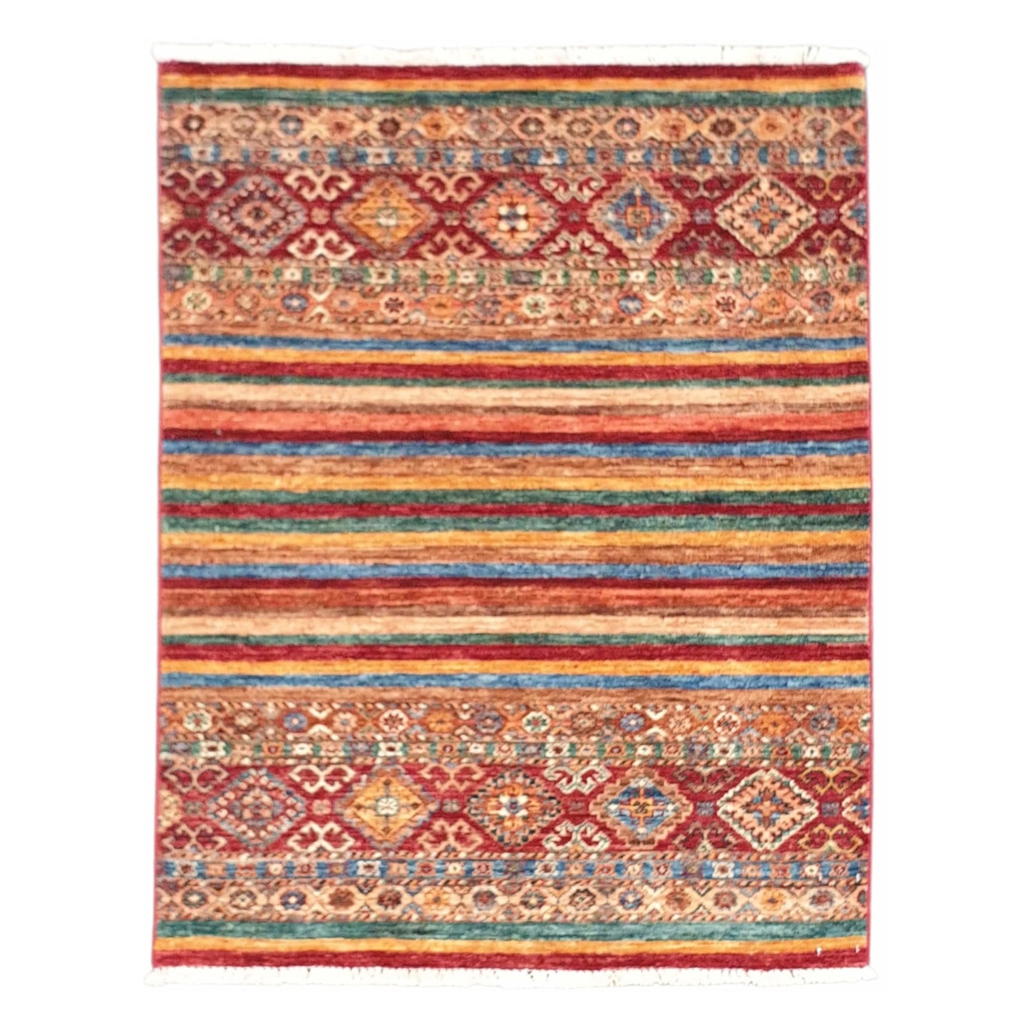 Full view of Afghan Khurjeen wool rug with colourful stripes and geometric motif panels, 121 x 90 cm