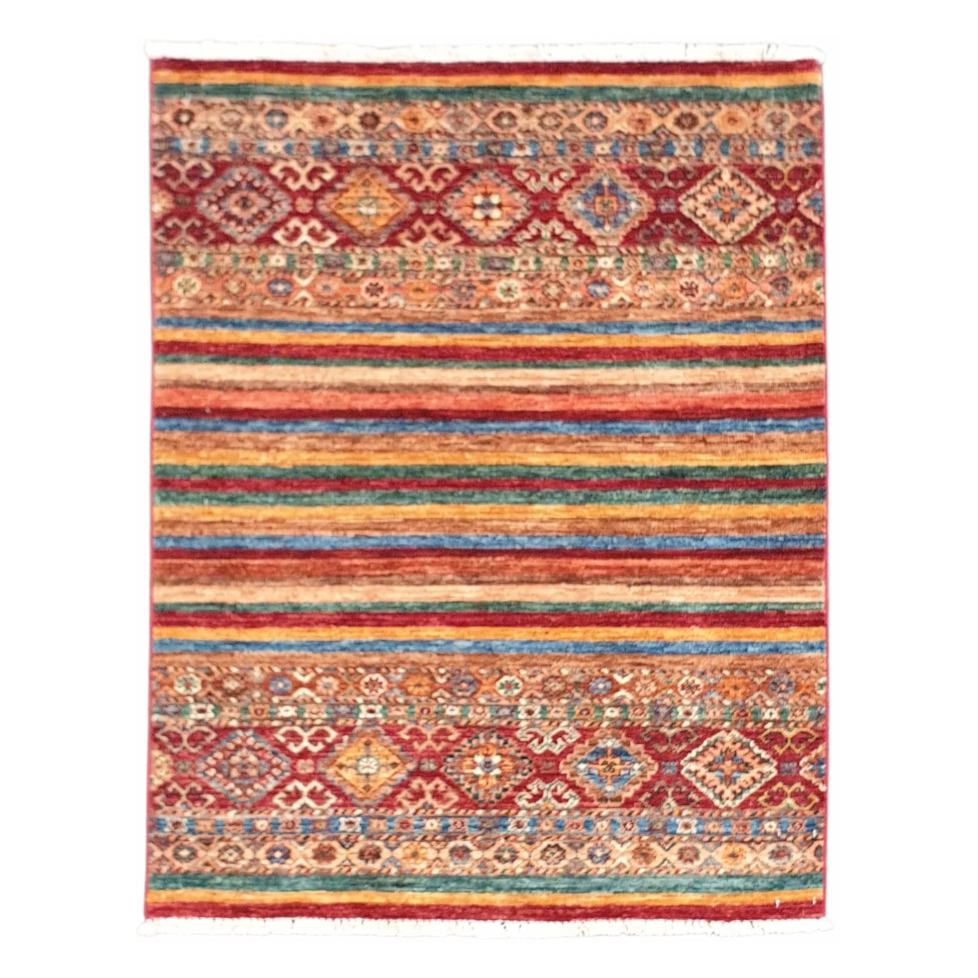 Full view of Afghan Khurjeen wool rug with colourful stripes and geometric motif panels, 121 x 90 cm