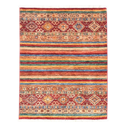 Full view of Afghan Khurjeen wool rug with colourful stripes and geometric motif panels, 121 x 90 cm