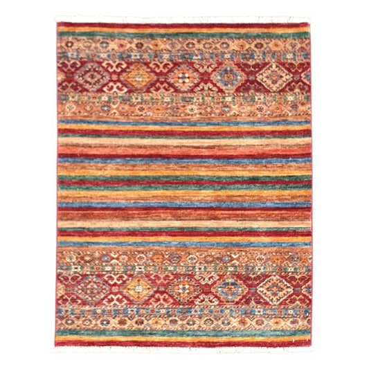 Full view of Afghan Khurjeen wool rug with colourful stripes and geometric motif panels, 121 x 90 cm
