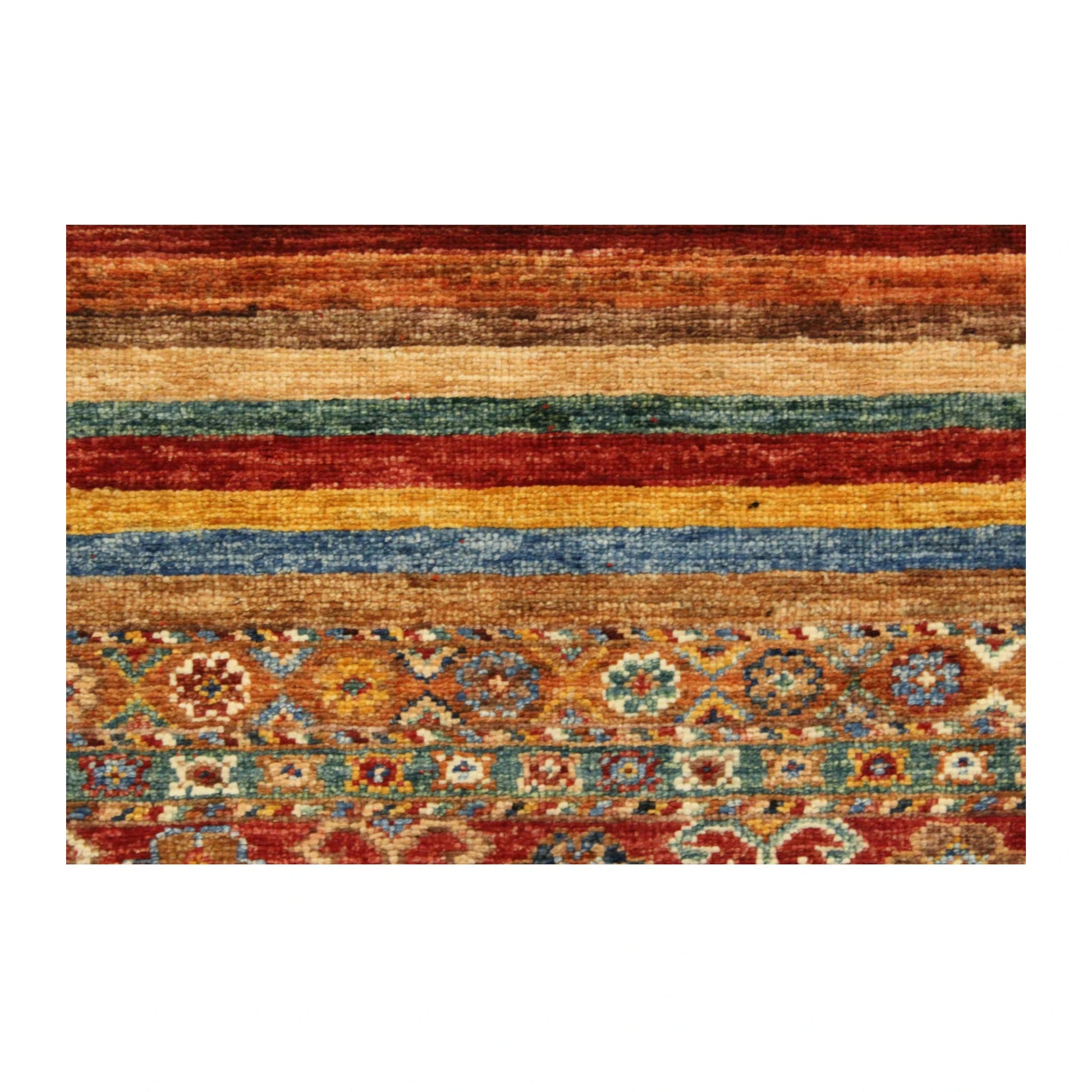 Pattern panel detail of Afghan Khurjeen wool rug with geometric motifs and coloured stripes, 121 x 90 cm