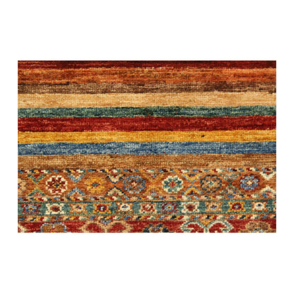 Pattern panel detail of Afghan Khurjeen wool rug with geometric motifs and coloured stripes, 121 x 90 cm