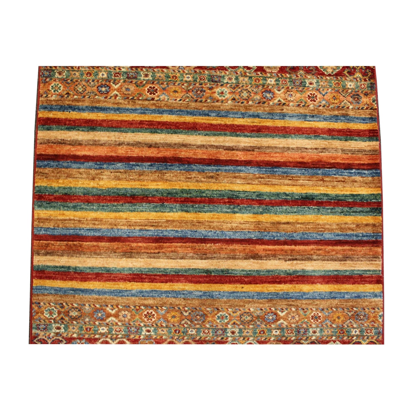 Striped field detail of Afghan Khurjeen wool rug in rust red, teal, green and blue, 121 x 90 cm