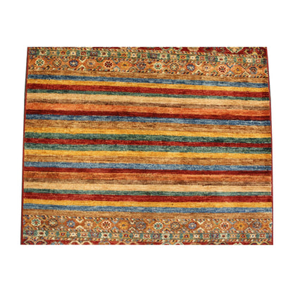 Striped field detail of Afghan Khurjeen wool rug in rust red, teal, green and blue, 121 x 90 cm