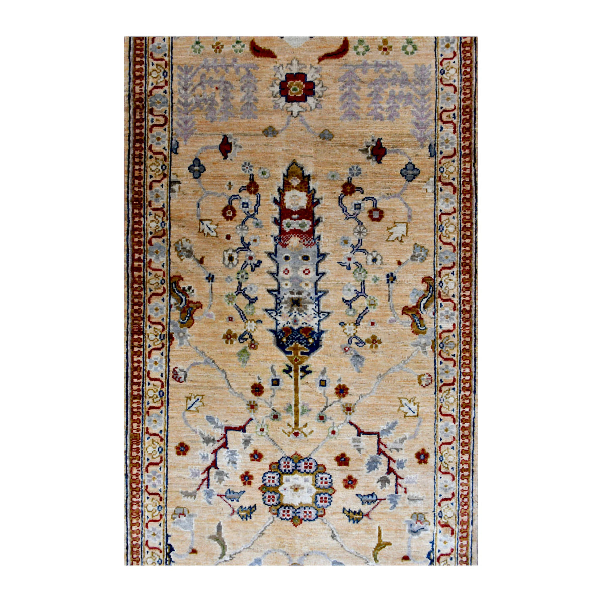 Field detail of Khurjeen wool runner showing spaced floral medallions, small blossoms and curling muted blue vines