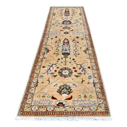 Full view of Afghan Khurjeen hand-knotted wool runner with ivory-beige field, spaced floral medallions and narrow borders, 254 x 77 cm