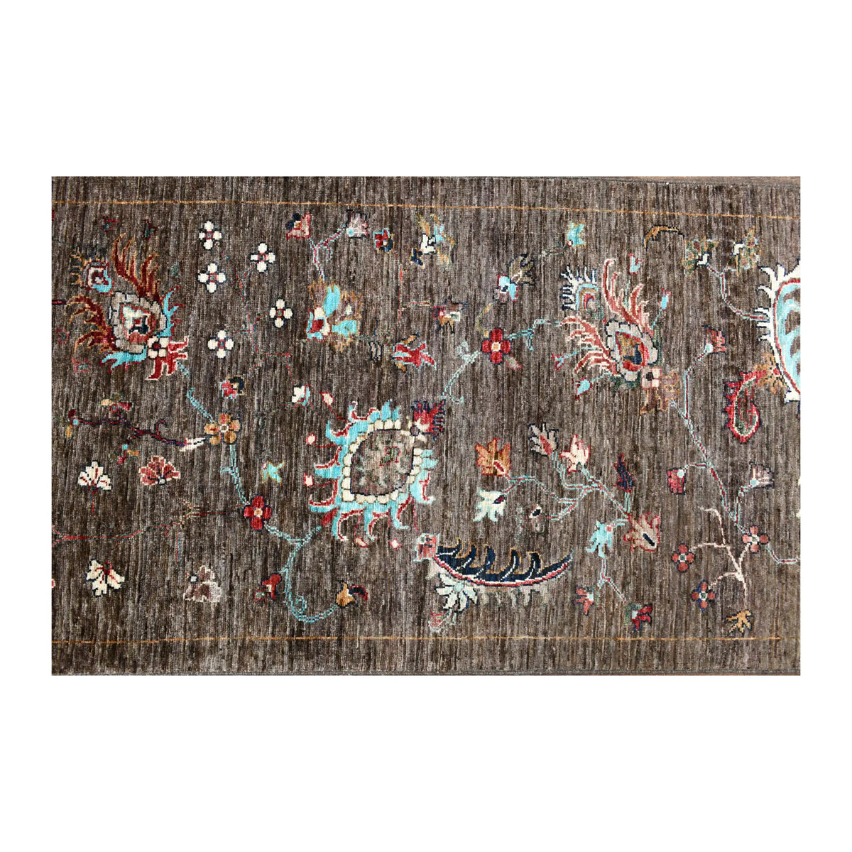 Field close-up of Afghan Khurjeen runner showing turquoise, rust, ivory and red botanical motifs