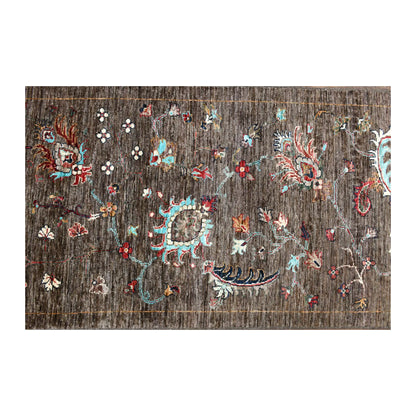 Field close-up of Afghan Khurjeen runner showing turquoise, rust, ivory and red botanical motifs