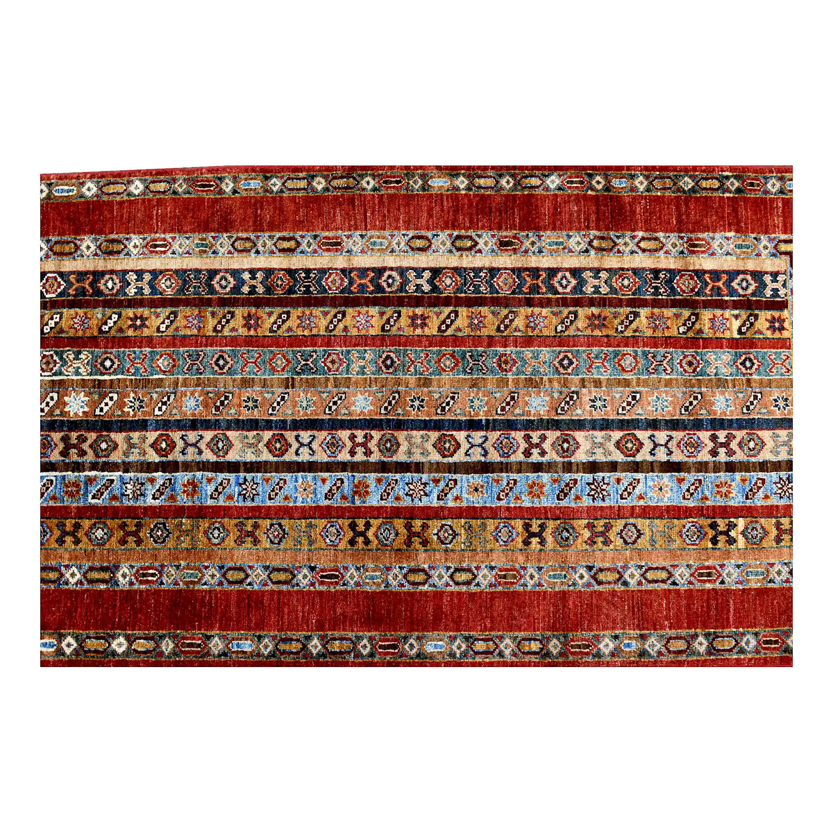 Overhead field detail of Afghan Khurjeen runner showing rust-red, blue, ochre and ivory geometric stripes