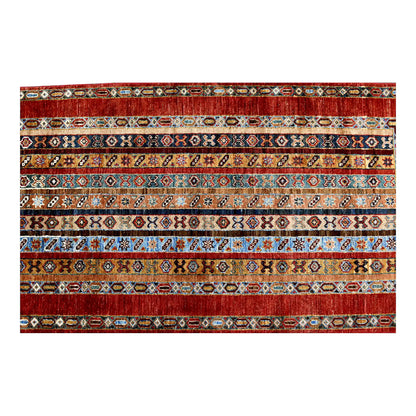 Overhead field detail of Afghan Khurjeen runner showing rust-red, blue, ochre and ivory geometric stripes